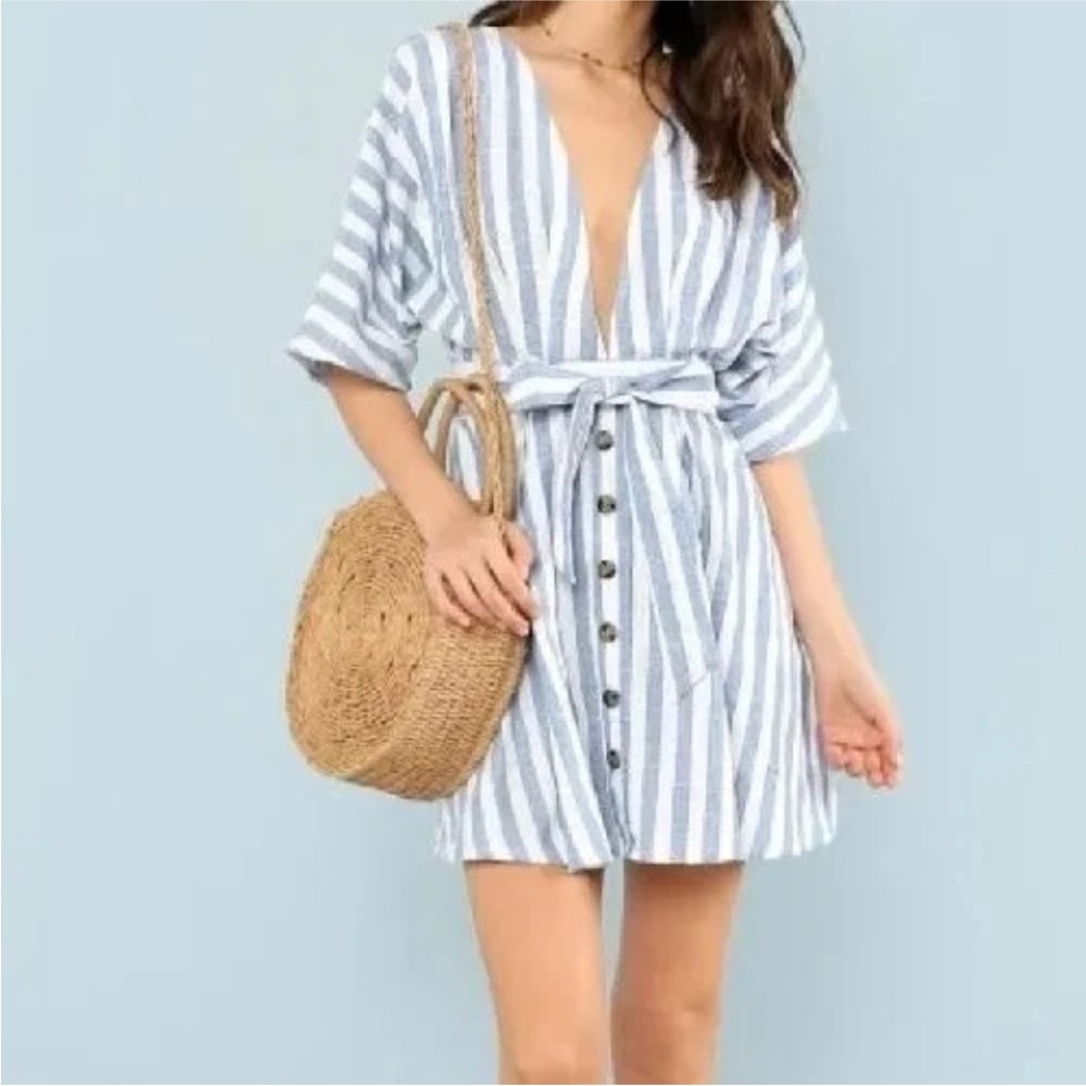 Blue and White Striped Plunge Neck Button Accent Kimono Slv Open Back Dress, XS